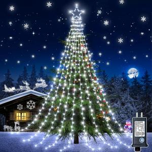 12FT 344 LED Christmas Tree Lights, Plug in Waterfall String Lights with Topper Star, Waterproof 8 Modes Outdoor Christmas Decorations for Indoor Patio Roof Yard Lawn Party, White