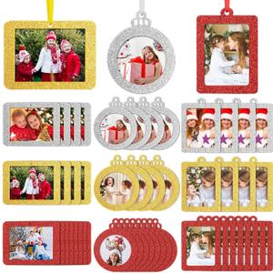 Queekay 48 Pieces Christmas Photo Ornaments Hanging Picture Frame Ornaments for Tree Glitter Small Picture Insert Frame for DIY Crafts Christmas Trees Decoration (Chic Style)