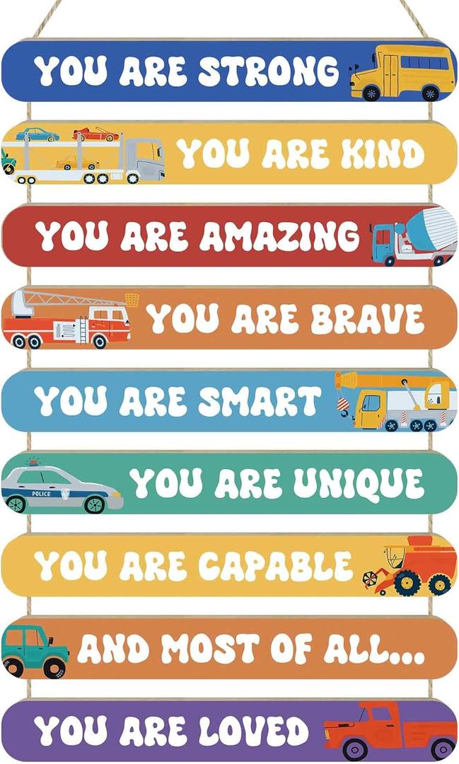 MONALET Inspirational Construction Cars Wall Art Decor for Boys Room Nursery Baby Kids Playroom Bedroom Door, Motivational Hanging Wood Signs Decorations, Positive Affirmations Wooden Plaque, 12x19