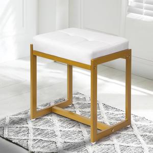 Faux Fur Vanity Stool Chair, Vanity Chair with Gold Metal Leg, Furry Soft Padded Makeup Footstools Seat Ottoman, Modern Chairs for Makeup, Bedroom, Square Small Stool Bench for Vanity White&Gold