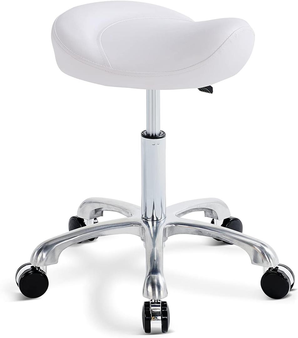 Saddle Stool Rolling Swivel Height Adjustable with Wheels. Saddle Chair Salon, Spa, Tattoo, Pedicure, Massage -Esthetician Chair(White)