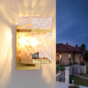 Gold Outdoor Wall Sconce with Seeded Glass Shade - Waterproof Modern Exterior Light Fixture, E26 Socket Porch Lighting for Garage, Front Door, Patio