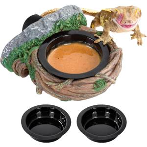 REPTI ZOO Magnetic Reptile Feeding Ledge, Gecko Feeder Ledge with 2PCS Cups, Hollow Vine Food Dish, Reptile Water Bowl for Bearded Dragon Lizard Snake, Terrarium Tank Accessories
