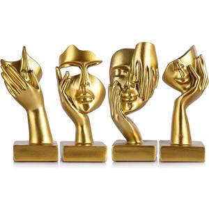 Mini Abstract Thinker Figurine Set of 4,Modern Home Art Face Small Statue for Accents Decor Women Bedroom Floating Shelf Bookcase Room Desk,TV Stand,Coffee Table,Bookshelf ,for Women Art Decor (Gold)