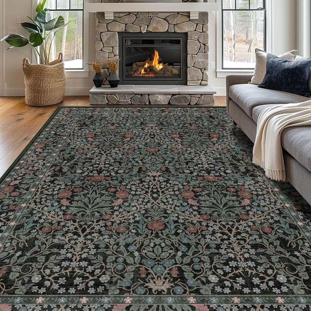 8x10 Washable Area Rugs for Living Room, Stain Resistant Vintage Rugs for Dining Room Under Kitchen Table, Bedroom, Floral Low Pile Non-Slip Large Carpet (8 x 10 Dark Green)