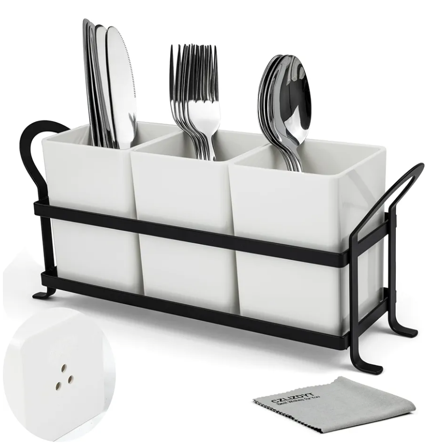 Cutlery Holder with Drain Holes, Silverware Caddy for Party Countertop, 3pcs Bins Set Utensil Holders for Spoon and Fork, White