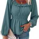 Womens Puff Long Sleeve Babydoll Tops Square Neck Ruffle Peplum Blouse Smocked Loose Fit Tunic Top Dressy Tee Shirts (L)