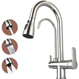 Kitchen Sink Faucet with Pull - Down Sprayer, 2 - Handle 3 - in - 1 Kitchen Sink Filter Faucet, Cold and Hot Mixer Drinking Water Faucet (3-in-1 Filter Faucet, Chrome)