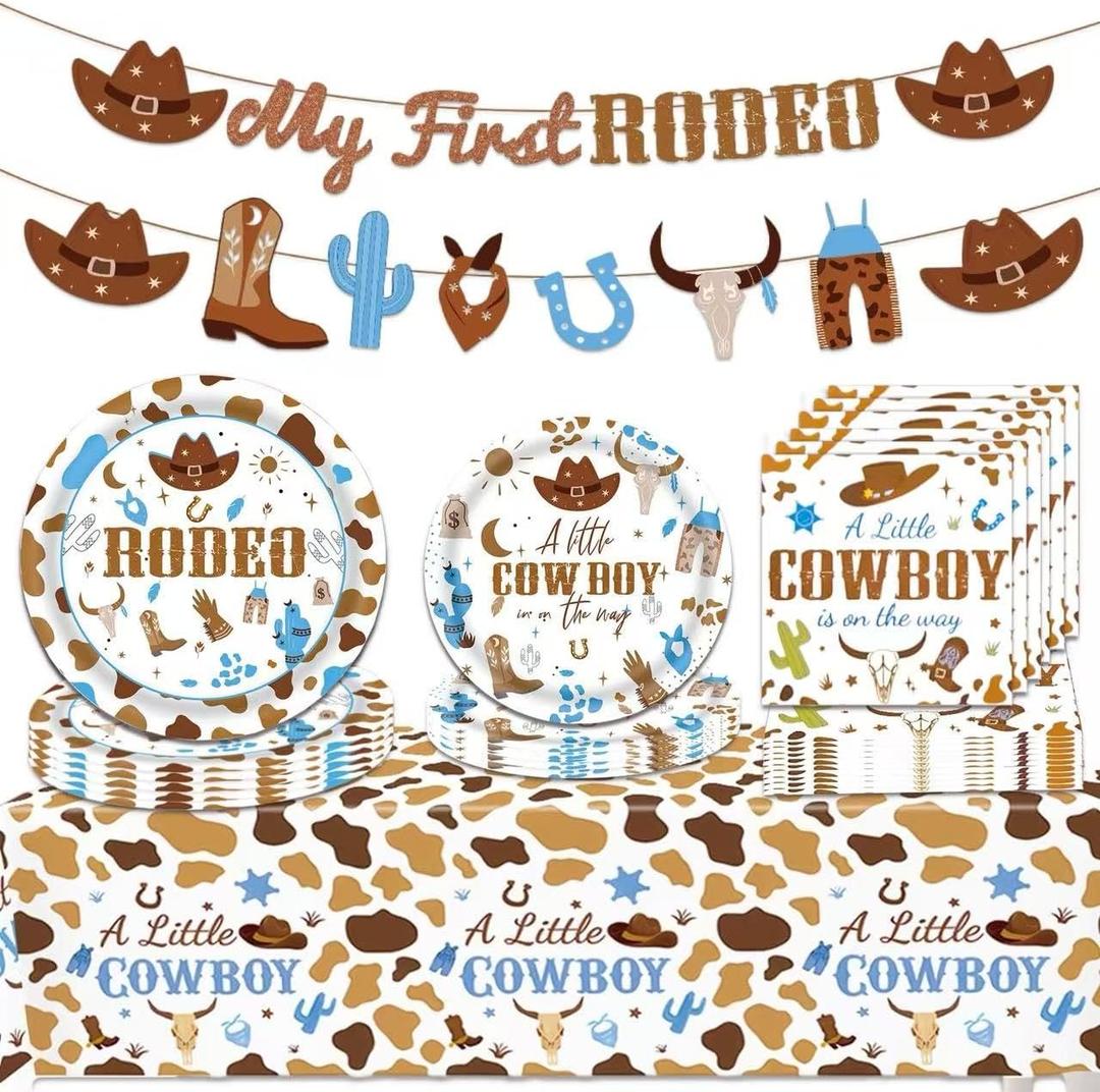My First Rodeo Decorations Boy 63 PCS Cowboy Birthday Party Decoration Set Blue Brown Party Decor Supplies with Banners Paper Dinner Dessert Plates Napkins Tablecloth Tableware