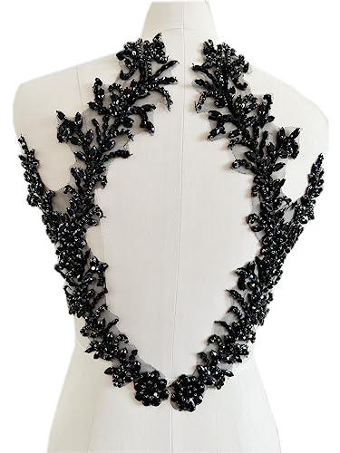 Handmade Rhinestones lace Trim Patches handsewing Beads Applique for Dress DIY Accessories (Black)