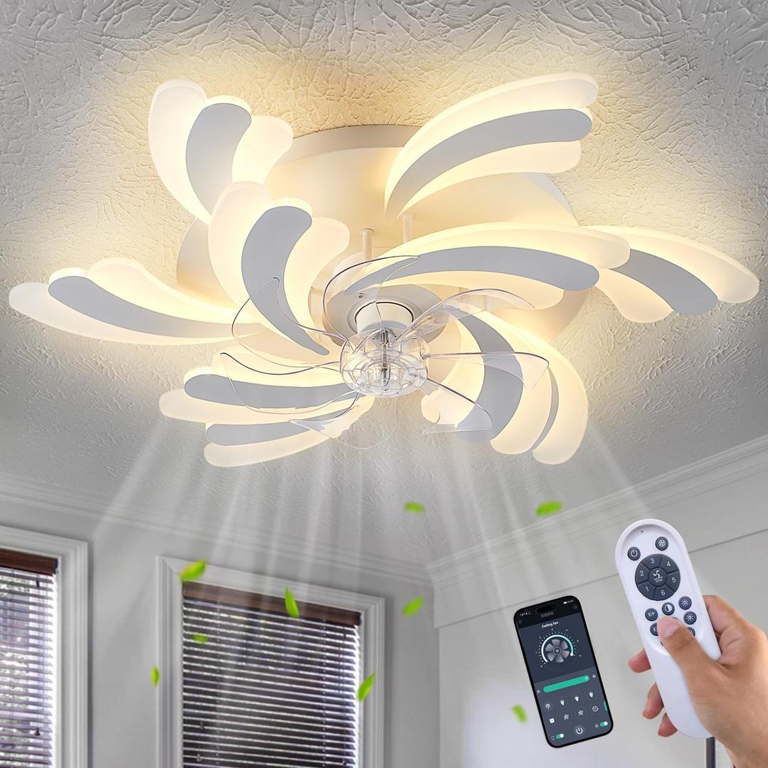 Yfrest Modern Ceiling Fan with Light and Remote, Low Profile Ceiling Fans with Lights, 31 Inch Flush Mount Ceiling Fan with 3 Light Color 6 Speeds, Fandelier Ceiling Fans for Living Room, Dining Room