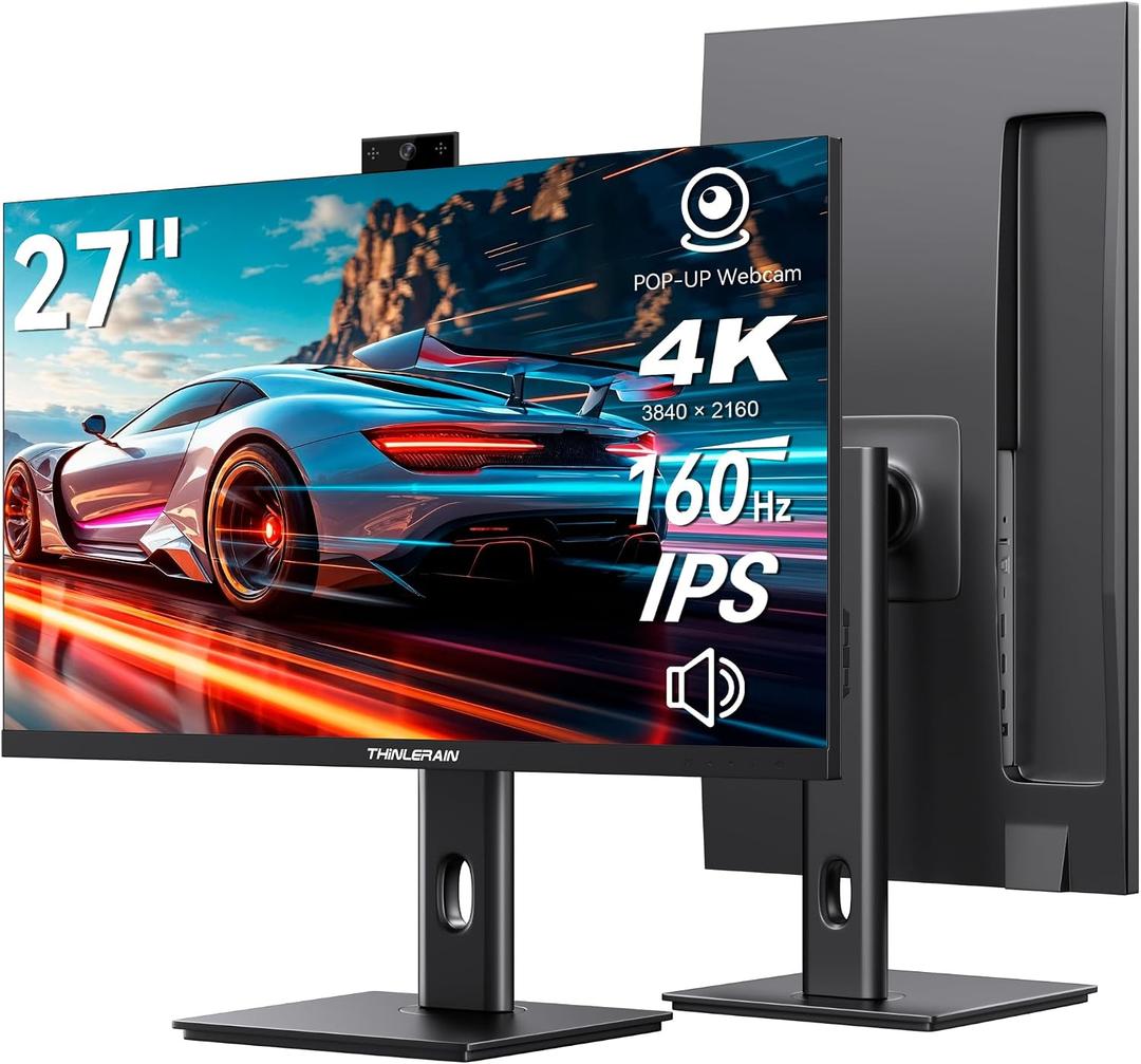27 Inch 4K Monitor with Webcam - 160Hz UHD 3840x2160 IPS Vertical Gaming Monitor with Pop-Up 3MP Webcam, Speakers & Microphone, HDMI/DP/USB-C, VESA, for Gaming Design Home Office