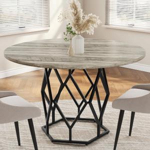 GarveeHome 47-inch Round Dining Table for 4-6 People, Farmhouse Kitchen Table with Diamond Metal Base, Industrial Wood Circle Dinner Table for Dining Room, Kitchen, Living Room, Grey