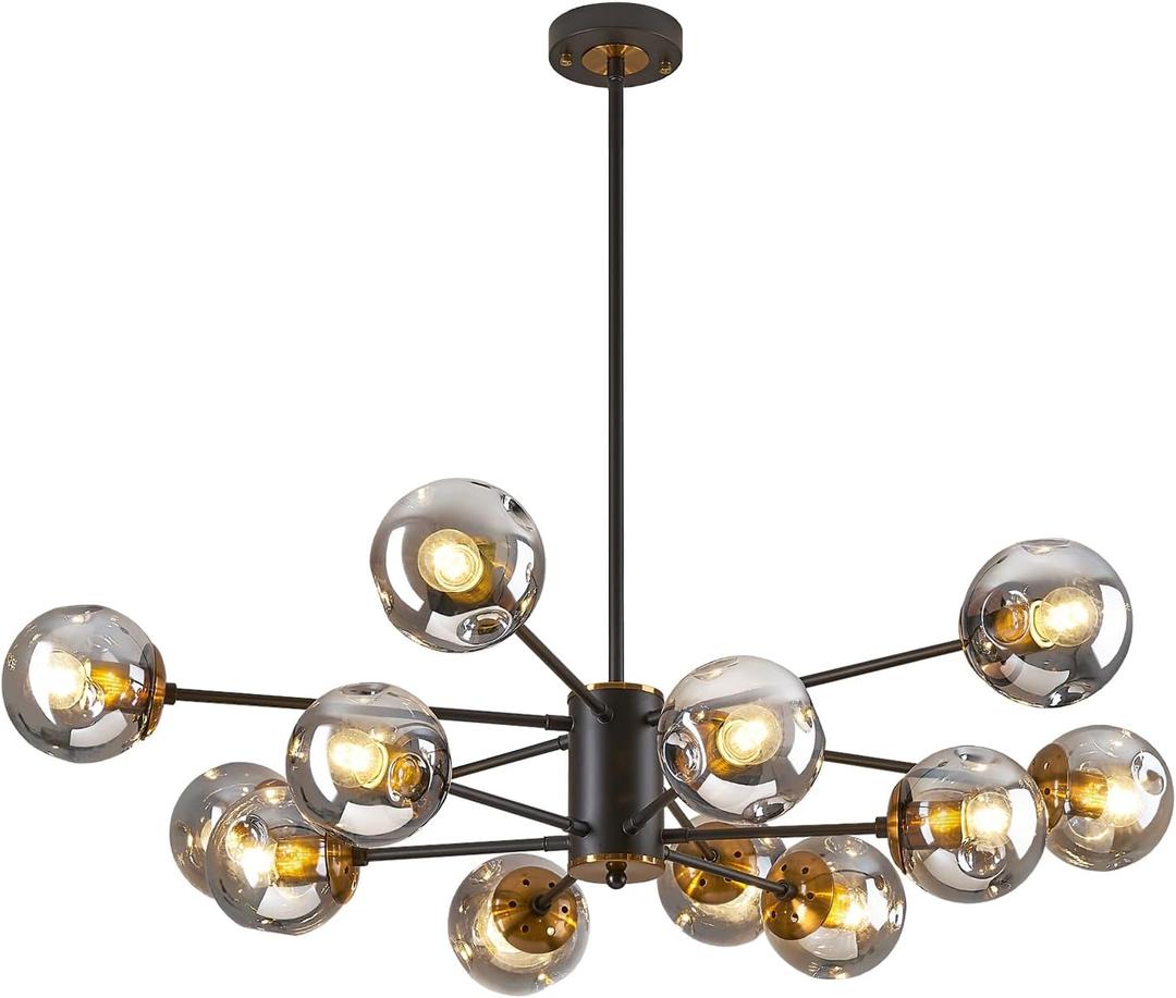 DDLLDESHI 2 Tiered Modern Gold Chandelier Sputnik Ceiling Light Fixture with 12 Globe Glass Bubble Shade Chandeliers for Dining Room Hotel Bar Home Billiard Room (41" Large Black Chandelier), 12 lighting