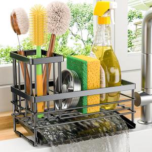 Cisily Sink Caddy Sponge Holder for Kitchen with Brush Holder and Stainless Steel Self Drain Tray, Rustproof Kitchen Sink Organizer for Sponge, Soap Dispenser Storage Accessories (Black)