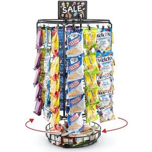 vefix Chip Rack Display Stand, 5 Tiers 60 Clips Snack Retail Display Rack, 360° Rotation Snack Retail Display Rack, Potato Chip Rack, Candy Display Rack, Chip Holder-with Basket
