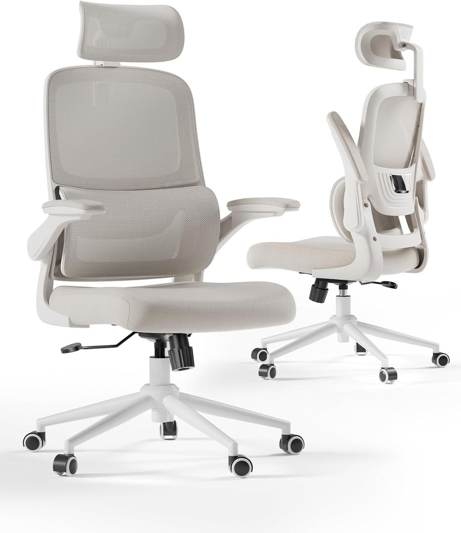 Hbada P1 Ergonomic Office Chair with 2D Lumbar Support & Adjustable Headrest - Heavy Duty 300lbs Capacity, 102 Reclining, Foldable Arms, Thick Cushion - Perfect for Home Office Chair, White (White Frame Grey Mesh)