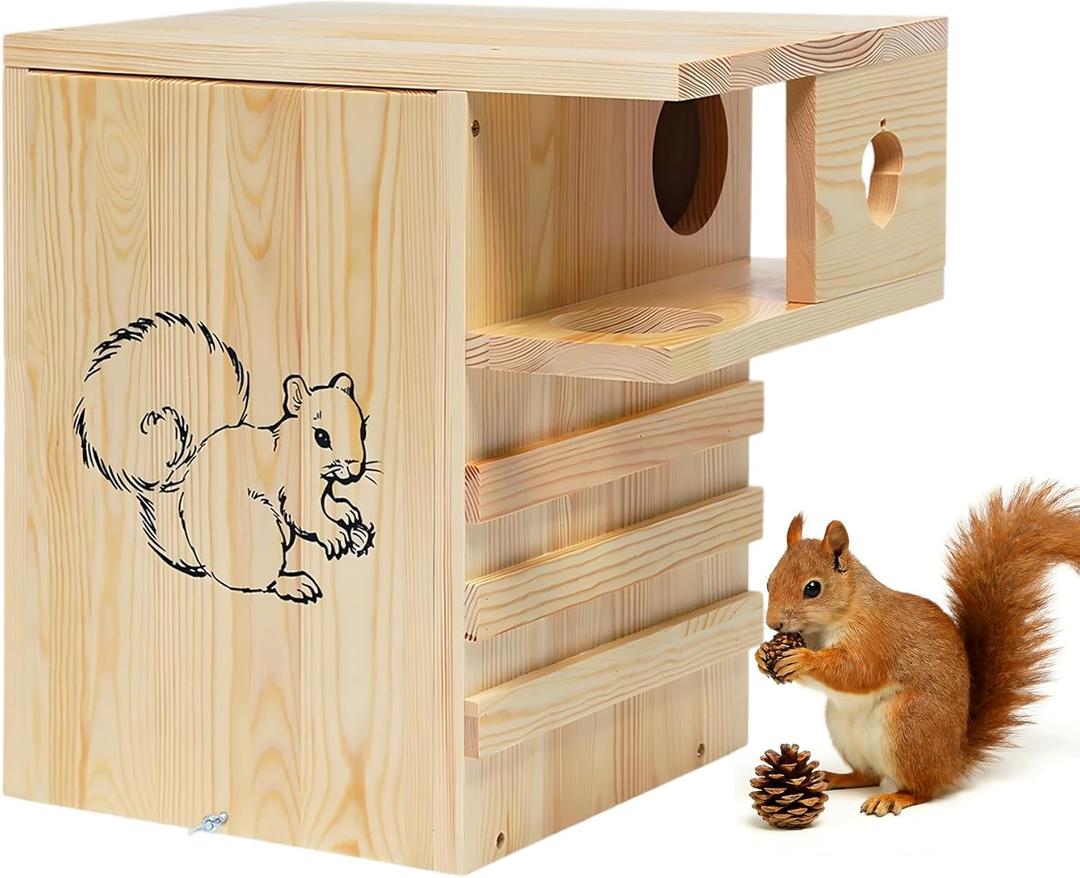 Large Squirrel House for Outside Nesting - Extra Large Squirrel House for Outside with Exterior Porch, Wooden Nesting Box Squirrel Chipmunks and Small Animals