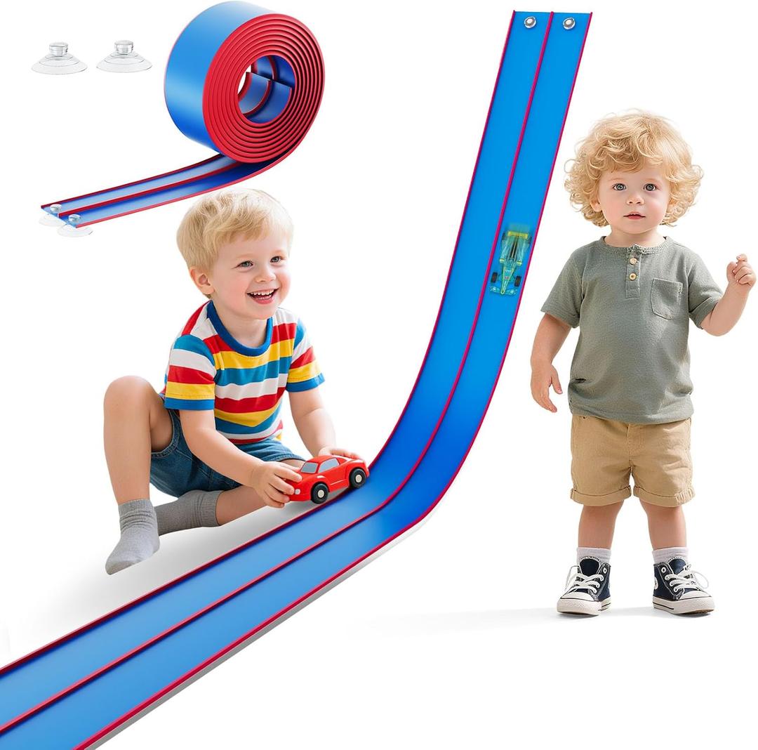15 Ft Flexible Race Track for Kids  Portable Car Race Track Starter Set with Suction Cups, Rolls Up Easy, Compatible with 1/64 Diecast Cars, Birthday Gift for Boys & Girls Ages 3+ (Blue&Red)