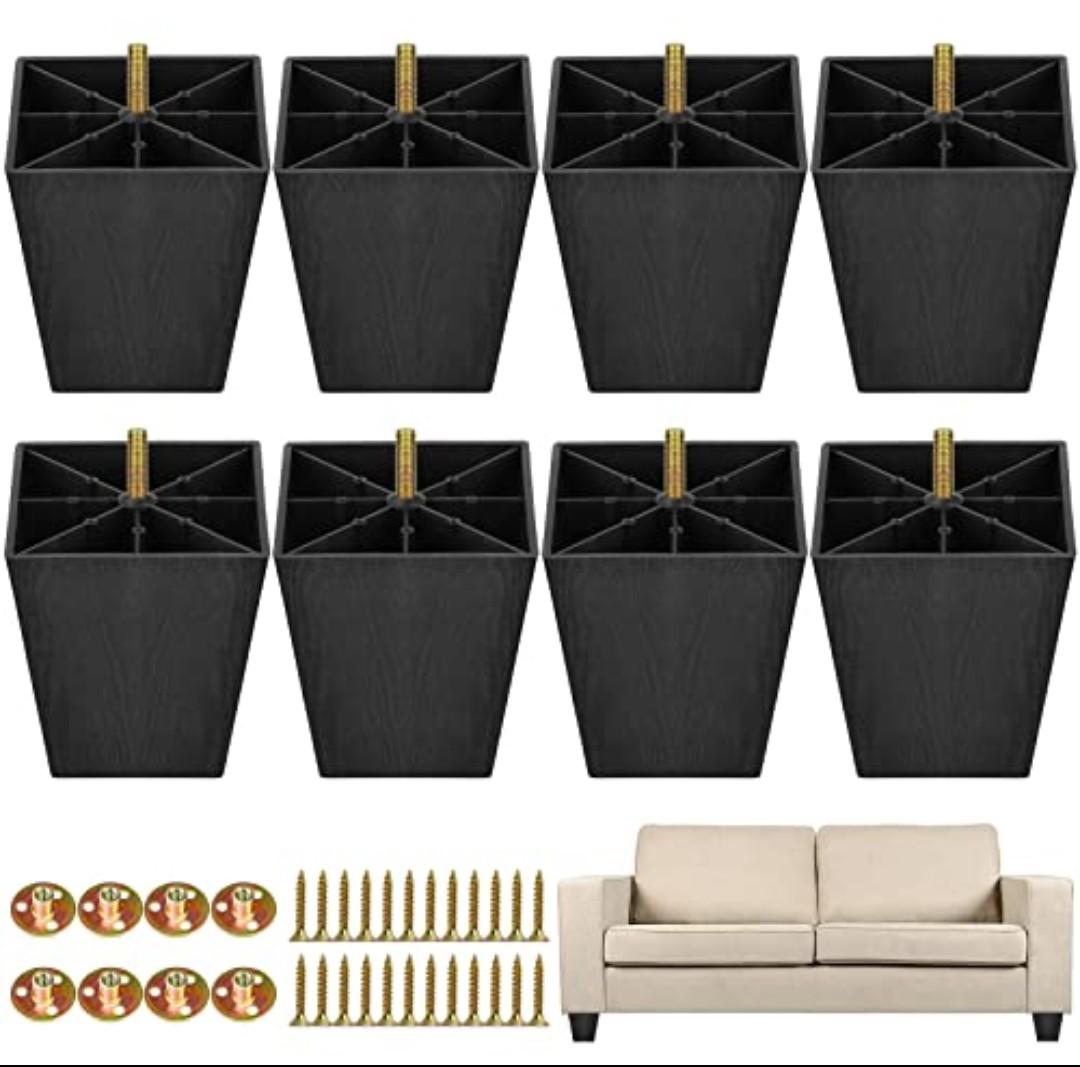 TURSTIN 8 Pack 4 Inch Furniture Legs Plastic Sofa Couch Legs Square Tapered Feet Sofa Legs with M8 T-Nuts Screws for Legs Sofas Chairs Cabinets Dressers Beds, Black