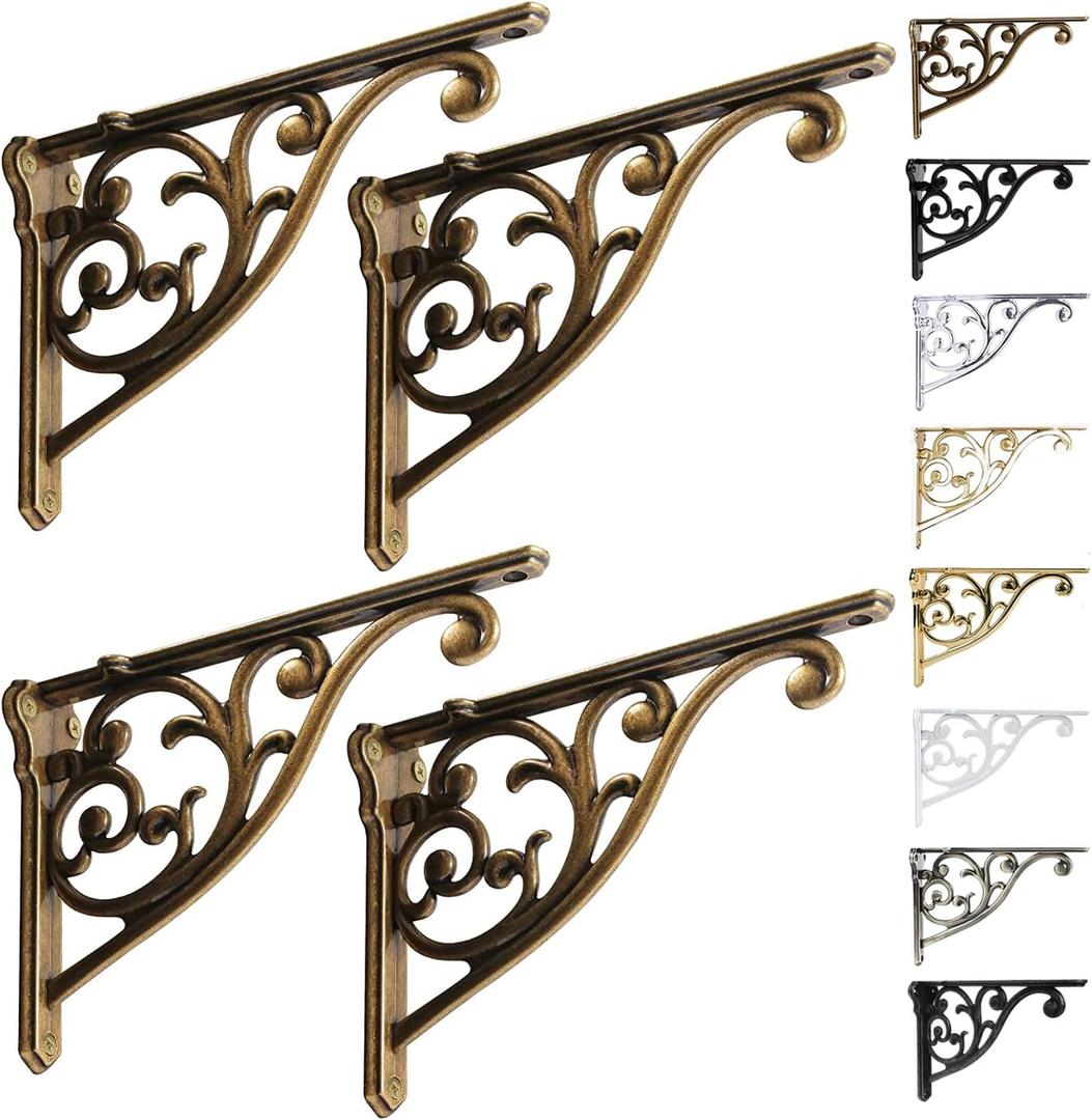 Shelf Brackets 8 Inch 4 Pack Heavy Duty Antique Brass Wall Bracket Victorian Kitchen Decorative Rack Shelves, (4, Antique Brass)
