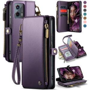 Defencase Compatible with Moto G 5G 2024 Case, RFID Blocking Wallet Case for Motorola Moto G 5G 2024 Fashion PU Leather Flip Strap Zipper Card Holder Phone Case for Women, Purple