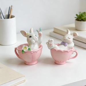 Cynkeyee Easter Decorations Bunny Figurine - 2 Pcs Cute Bunny in Pink Teacup Bunny for Table Decor Office Gift for Woman Easters Decorations for The Home 3.3x2.5x3.5IN