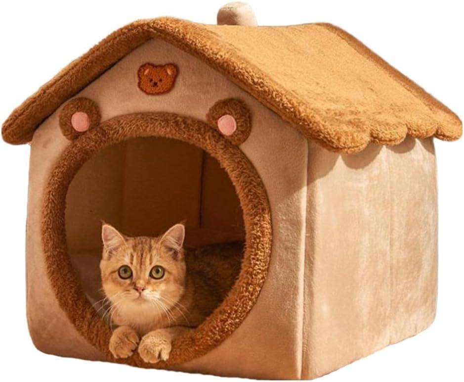 Cat Beds for Indoor Cats, Cute Bear Shape Cat Bed Cave, Pet House Cats Tent with Removable Cushion Pillow for Kittens Puppy Small Dogs (Brown, L-20.4 * 16.9 * 19.6in)