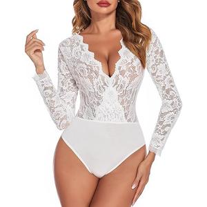 Avidlove Lace Bodysuit for Women Sexy Long Sleeve V Neck Body Suits Going Out Tops Snap Crotch One Piece Teddy Lingerie, XXXL
