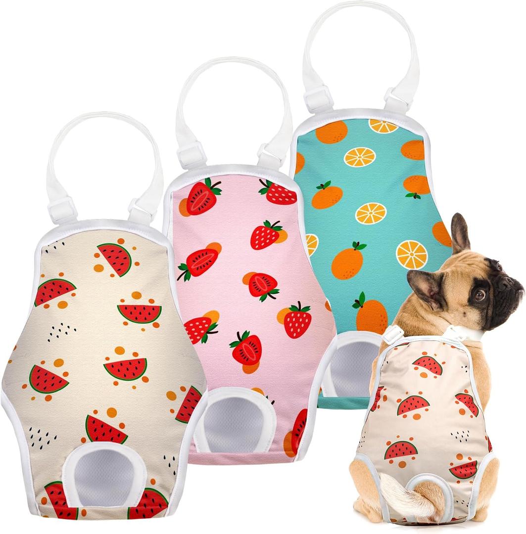 Jollywoods 3 Pack Washable Female Dog Diaper Onesie Sanitary Pantie with Adjustable Suspender, Reusable Fixed Doggie Diapers, Super Absorbent Leakproof for Small Medium Large Dog in Heat Cycle, Fruits, Large(13"-21" Waist)
