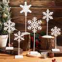 Sawysine 6 Pcs Christmas Wood Snowflake Table Centerpiece Decor Snowflake Tabletop Tall Standing Block Sign for Fireplace(White)