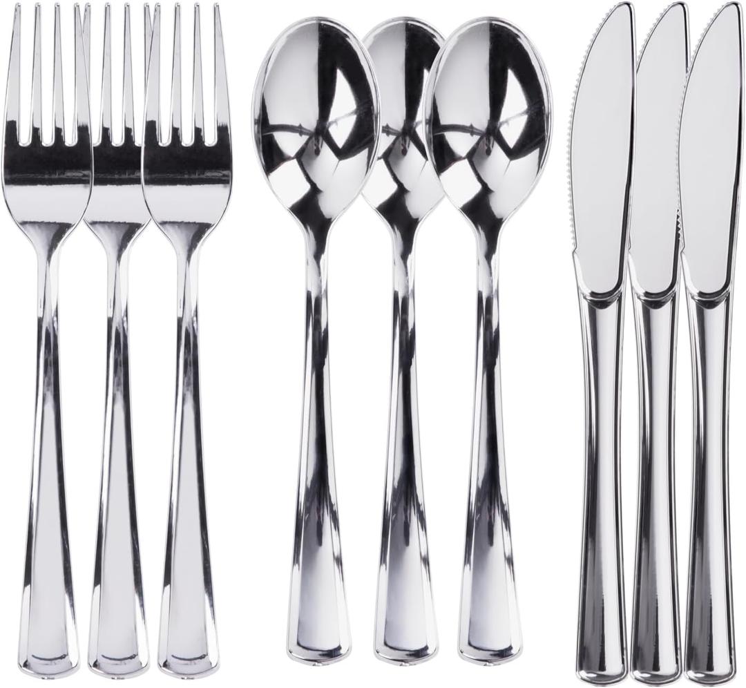 Prestee 300 Plastic Silverware Set | 100 Forks , Spoons , Knives Heavy Duty Bulk Disposable Flatware Utensils