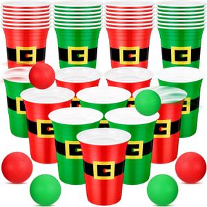 Leitee 22 Pcs Christmas Supplies Set Includes 16 oz Beer Cups with 8 Balls Set Christmas Party for Xmas House Party Birthdays Holidays(Red and Green,Santa)