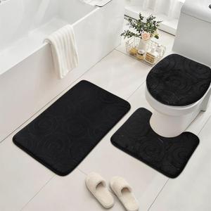 Bathroom Rug Sets 3 Piece, Memory Foam Non Slip Bathroom Rug, Toilet Rugs U Shaped Washable, Soft Absorbent Bath Mats for Bedroom, Kitchen, Black (1'8" x 2'8" (Rectangular))