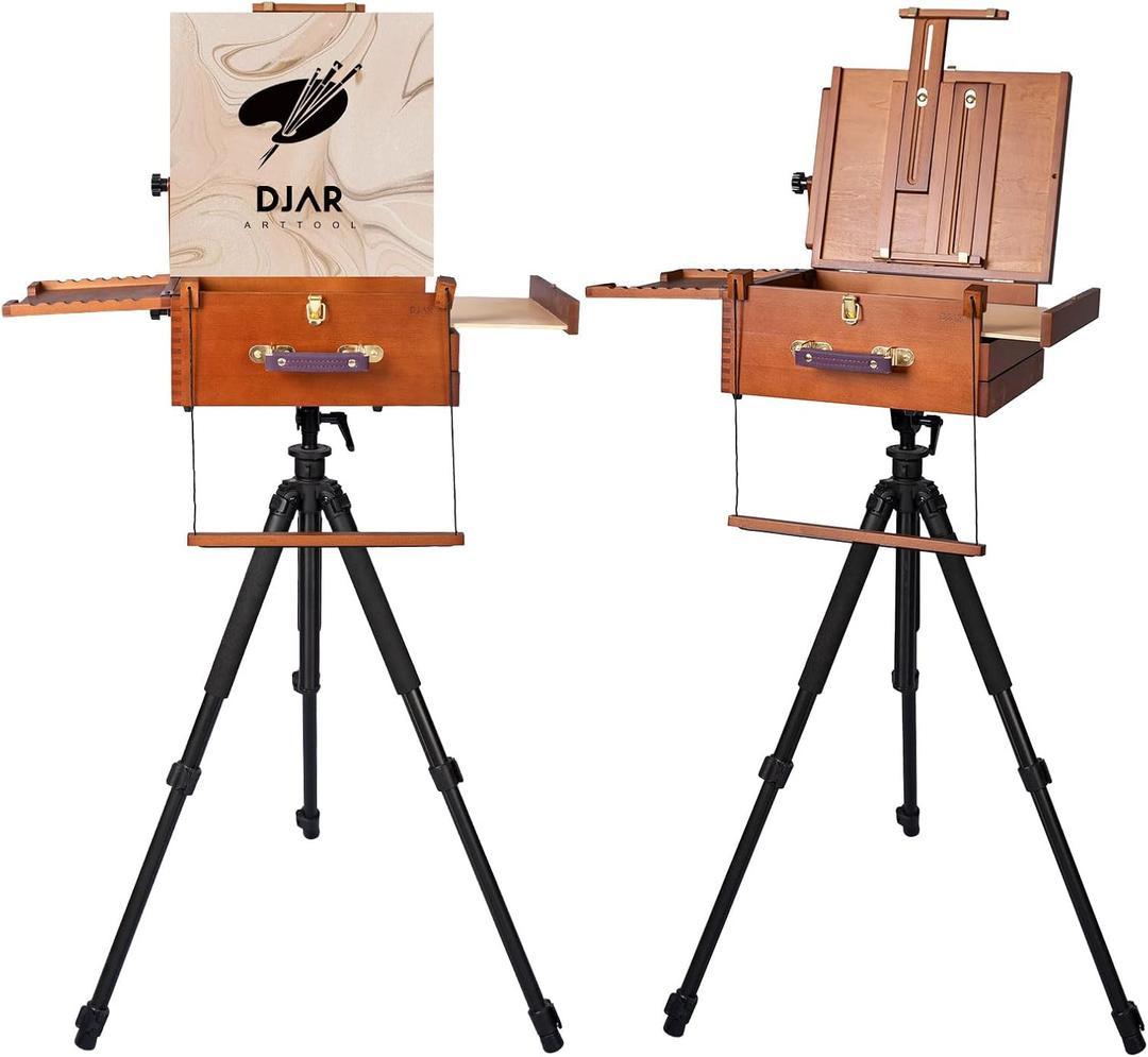 DJAR Portable Plein Air Art Easel, Beechwood Adjustable Travel French Easel with Aluminum Tripod & Nylon Storage Bag for Artists, Adults, Walnut