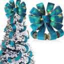 Soulchen Velvet Large Christmas Tree Topper Bow 12.6 x 118 Inch Lighted up Double Side Velvet Christmas Bow with 4 x 3 Yards Ribbon Streamers for Holiday Xmas Tree Party Decoration(Turquoise)