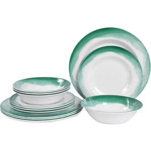 Melamine Dinnerware Sets, 12pcs Plates and Bowls Set, service for 4, Dishwasher Safe, Indoor and Outdoor Use, Green Melamine dishes