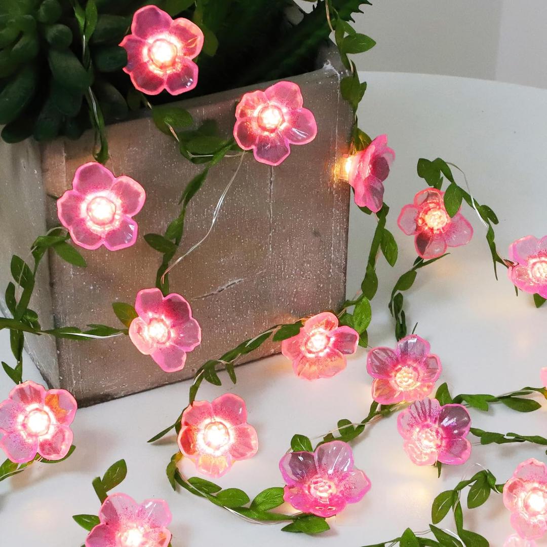 Cherry Blossom Decor Flower String Lights Vines with Fairy Lights Christmas, 30 LED Copper with Remote Control Battery Operated Pink Flower Garland Leaf for Locker,Bedroom, Wall,Christmas Decorations
