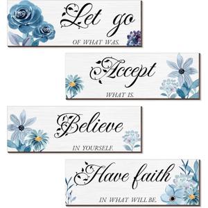 Joyhawk 4 Pieces Blue Flower Wall Decor For Bedroom, Accept-Let go-Have faith-Believe Wooden Inspirational Wall Art Decorations for Living Room Bathroom,Rustic Wooden Farmhouse Home Decor, 12 x 4 Inch