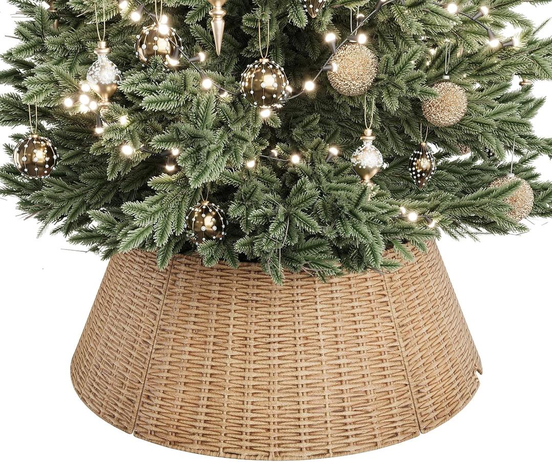 ELYKEN 28 Inch Christmas Tree Collar, 5-Piece Xmas Tree Skirt for Artificial Trees, Handcrafted Plastics Wicker Tree Base Cover with Cord Cut-Out Rustic Farmhouse Tree Ring for Home Decor (Natural-Round Pp)