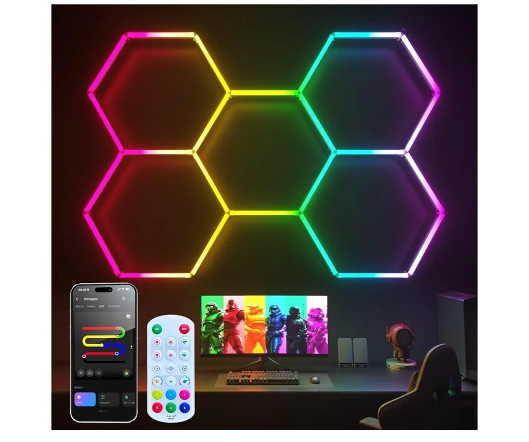 RGB Hexagon Garage Lights, Music Sync LED Hexagon Lights for Gaming Room, Smart App & Remote Control, DIY Honeycomb Ceiling Light for Studio Gym Basement Decor