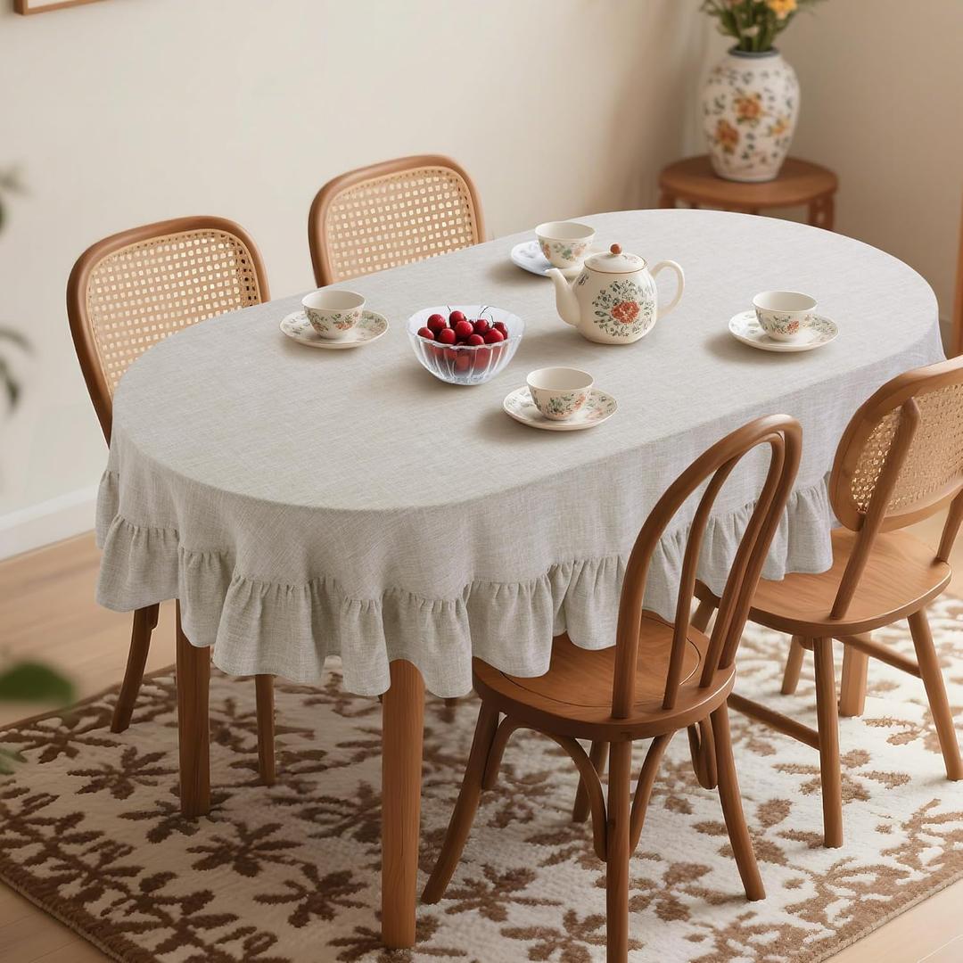 HOMBYS Ruffles Oval Tablecloth for Oval Table, 60 x 84 Inch Elegant Linen-Like Table Cover with Scalloped Edge, Perfect for Farmhouse & Rustic Dining Decor