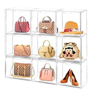 9Pack Purse Organizer for Closet Clear Acrylic Display Case Handbag Storage Organizer Box with Magnetic Door Stackable Storage Bins with Dustproof Lid for Book Toys Shoes Cosmetic Collectibles
