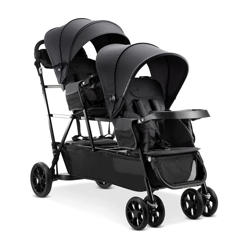 Joovy Big Caboose Triple Stroller with Rear Bench and Standing Platform, Reclining Seats, Optional Rear Seat, and Two Universal Car Seat Adapters, Jet, Manufactured: 08/15/25