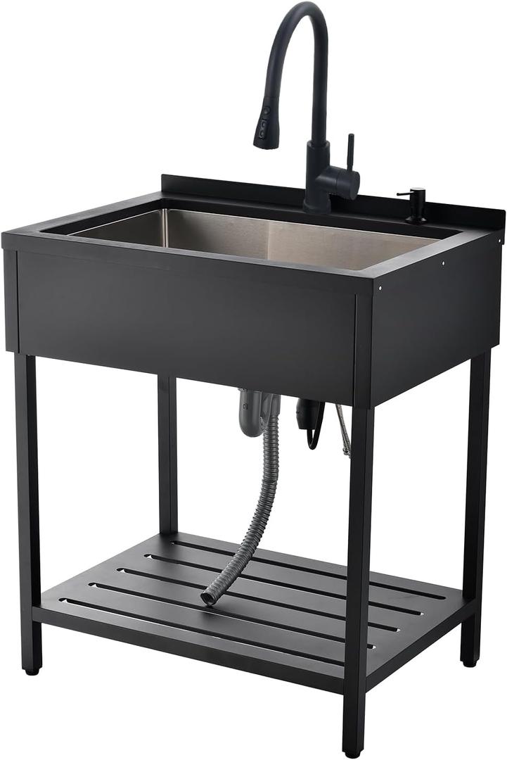 Black Stainless Steel Utility Sink, 30.7"x21.65" x35" Freestanding Sink with Faucet Large Laundry Utility Sinks 16 Gauge Single Bowl Commericial Sinks for Kitchen Laundry Room Outdoor Garage