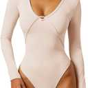 Fisoew Womens Long Sleeve Bodysuits V Neck Slim Fit Sexy Body Suits Casual Going Out Outfits (Beige)