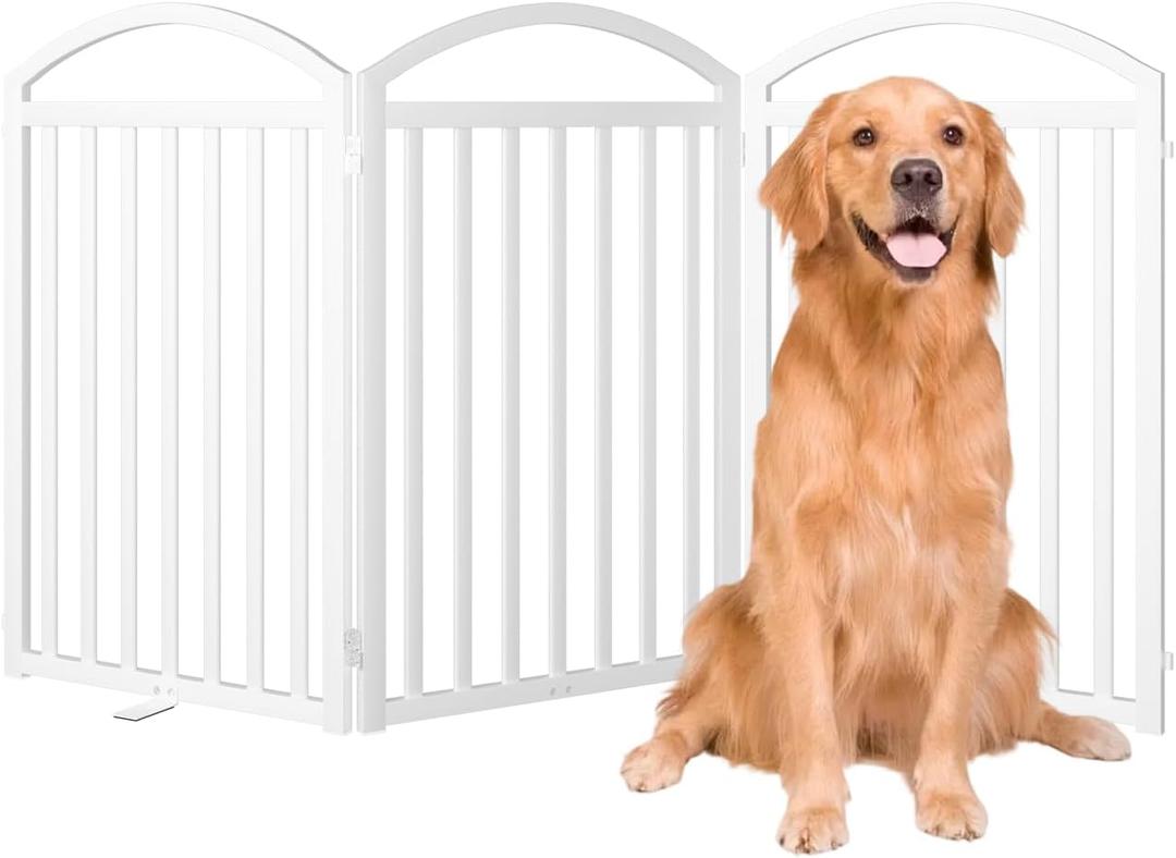 SNUOWU 3 Panles Full Matel Freestanding Dog Gates, 72" Extra Wide 32" Tall Free Standing Dog Pet Gate for Indoor & Outdoor. Foldable Pet Fences for Doorways, House, Stairs, Porch, Deck, Yard