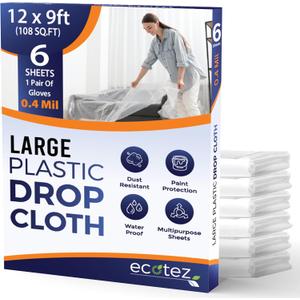 6 Pack 12 x 9 ft Extra Large Painter's Drop Cloth - Light & Durable Dust Cover - Clear Plastic Sheet - Paint Drop Cloth - Plastic Floor Protector (0.4 Mil - 6 Pack)