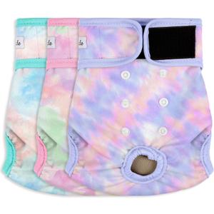 3 Pack Female Dog Diapers - Reusable Diapers for Doggie in Heat - Highly Absorbent Dog Diapers Female for Pet Incontinence with Adjustable Snaps (Tie Dye, M) (Medium (12-15Waist)