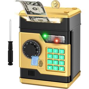 Piggy Bank, Automatic Electronic Piggy Bank for Kids Boys Girls with Password and Fingerprint Unlocking Simulation, Money Bank Kids Safe Toys for 3 4 5 6 7 8 9 10 Year Old Boy Girl (Black Gold)